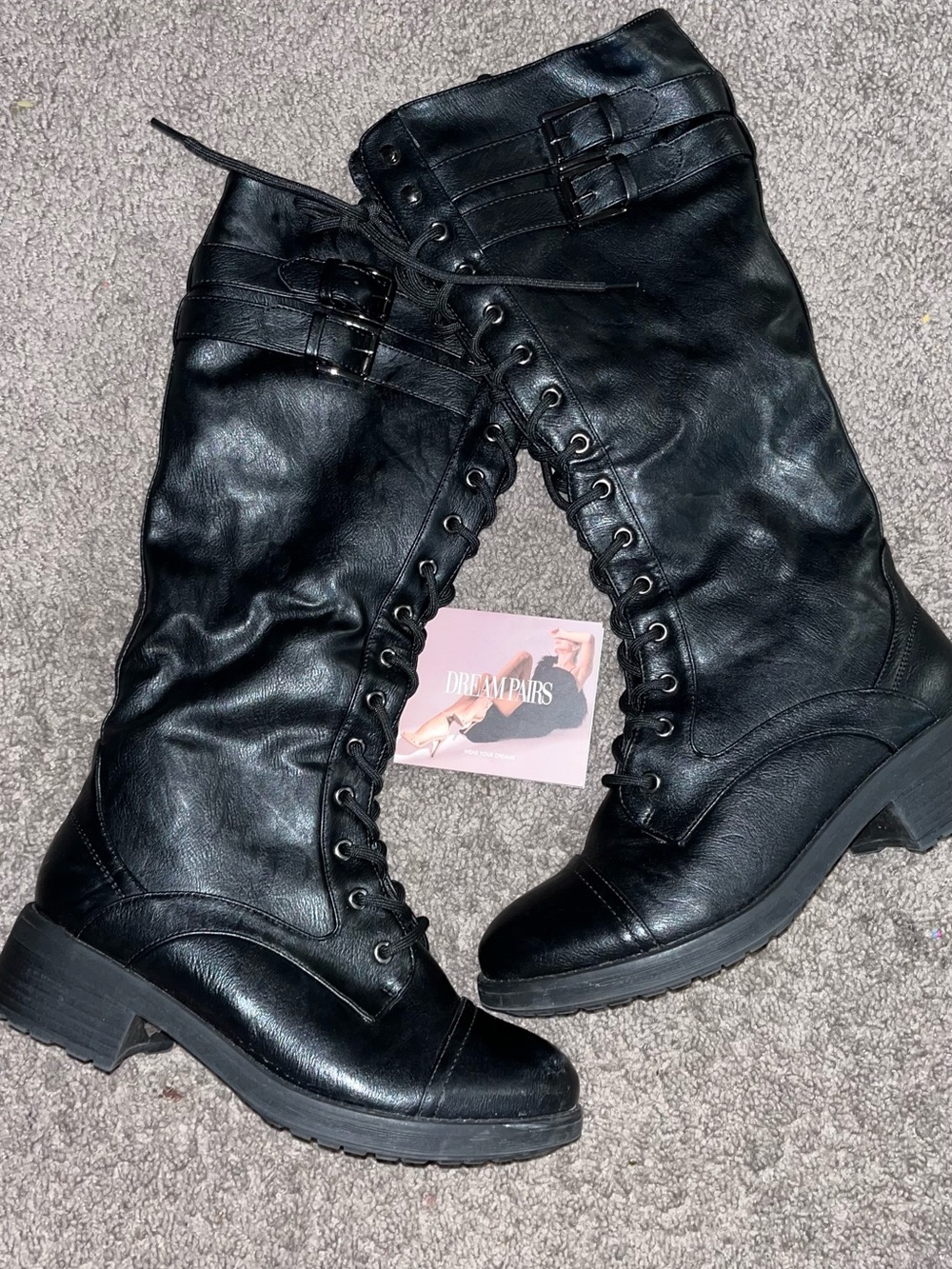 Dream Pairs Black Lace-Up Mid-Calf Combat Boots with Buckle Straps
